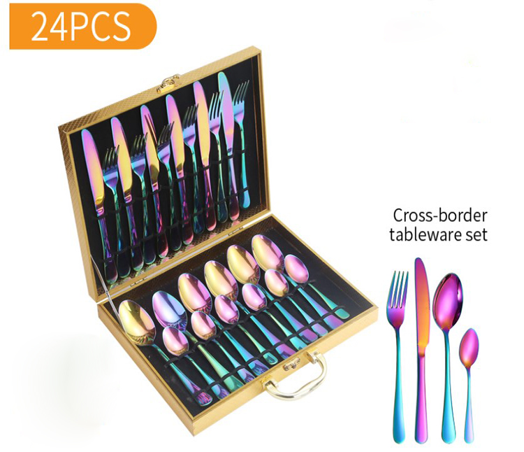 Stainless steel tableware 24 sets of western steak knife, fork and spoon four main gold box gift