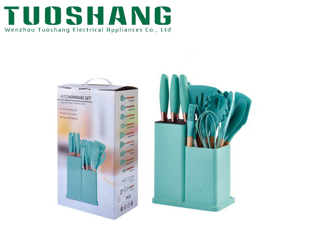 Silicone kitchenware set 19-piece cutter set Wheat straw color set with storage cylinder knife holder storage