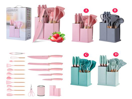Silicone kitchenware set 19-piece cutter set Wheat straw color set with storage cylinder knife holder storage