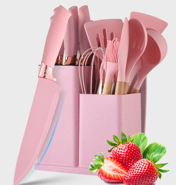 Silicone kitchenware set 19-piece cutter set Wheat straw color set with storage cylinder knife holder storage