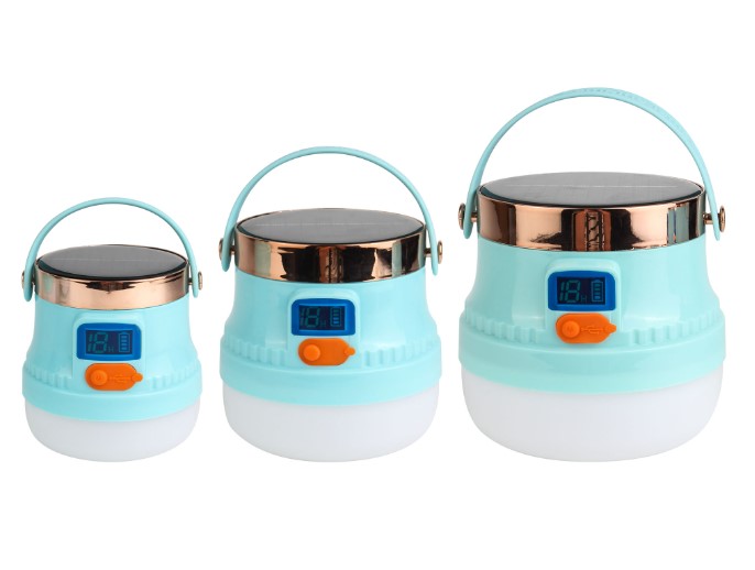 factory wholesale two levels of light source type-c solar charging with LCD display hangable camping lantern